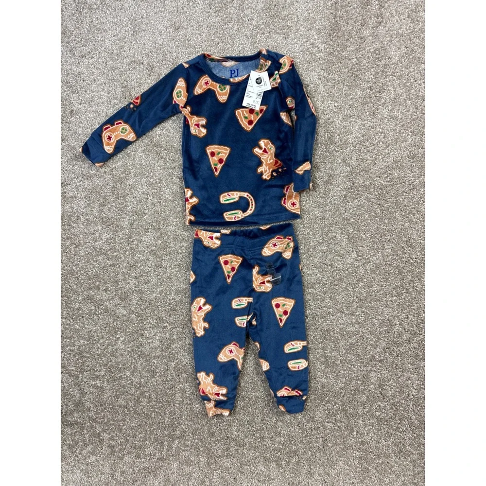 Childrens Place PJ Place Lapis Blue Gingerbread Dino Pizza Pajama Set 6-9M NEW